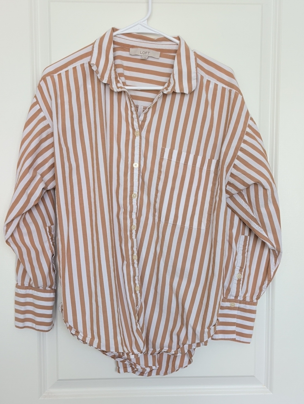 LOFT Tan and White Vertical Stripe Button-Down Shirt